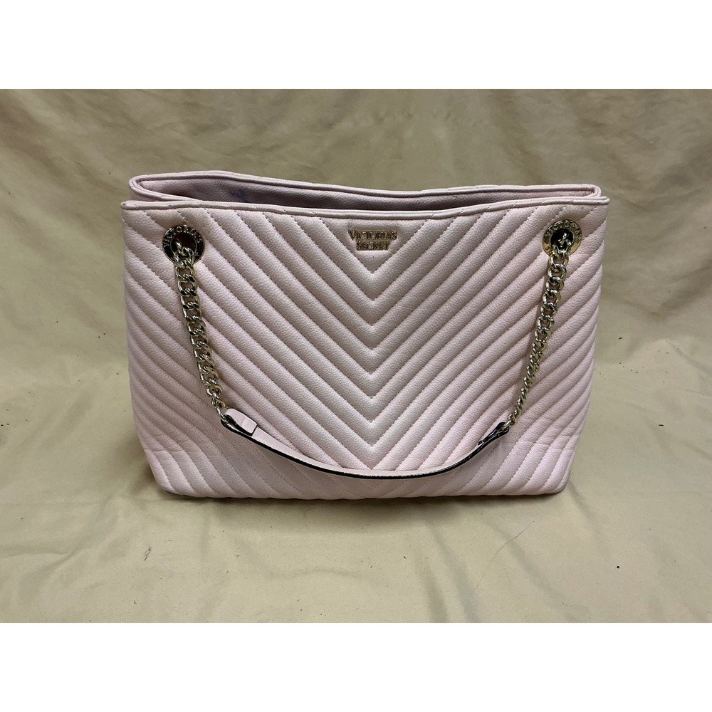 Victorias Secret Pink Quilted Chevron Shoulder Bag Gold Chain Tote